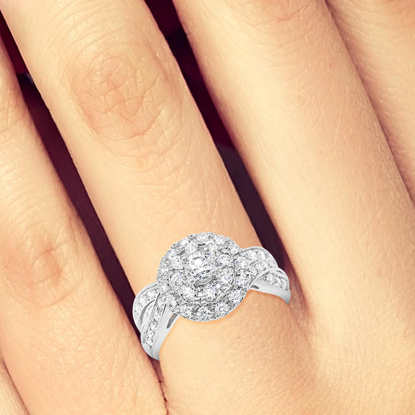 Diamond Halo Engagement Ring1 CTW Round Cut 14K White Gold