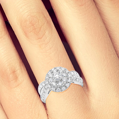 Diamond Halo Engagement Ring1 CTW Round Cut 14K White Gold