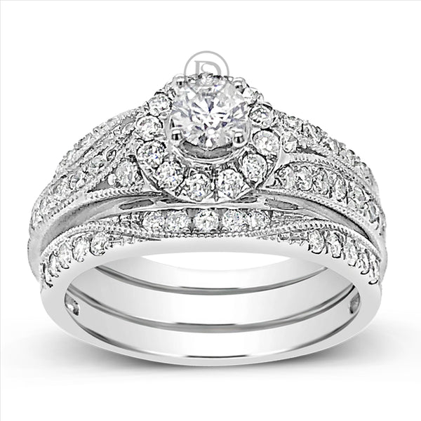 3 Band Diamond Halo Engagement Ring 1.30 CTW Round Cut 14K White Gold