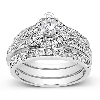 3 Band Diamond Halo Engagement Ring 1.30 CTW Round Cut 14K White Gold