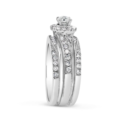 3 Band Diamond Halo Engagement Ring 1.30 CTW Round Cut 14K White Gold