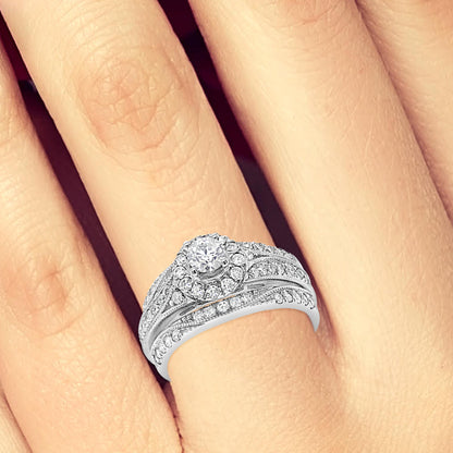 3 Band Diamond Halo Engagement Ring 1.30 CTW Round Cut 14K White Gold
