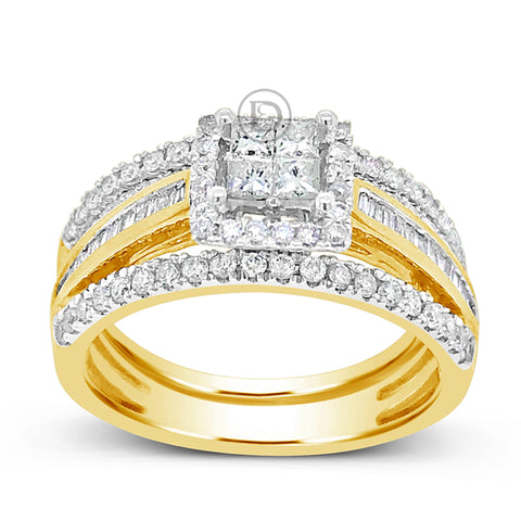 Diamond Halo Engagement Ring .93 CTW Princess Cut w/ Baguettes & Round Cut 14K Yellow Gold