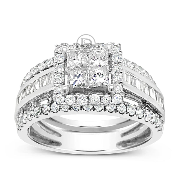Diamond Halo Engagement Ring 1.59 CTW Princess Cut w/ Round Cut & Baguettes 14K White Gold