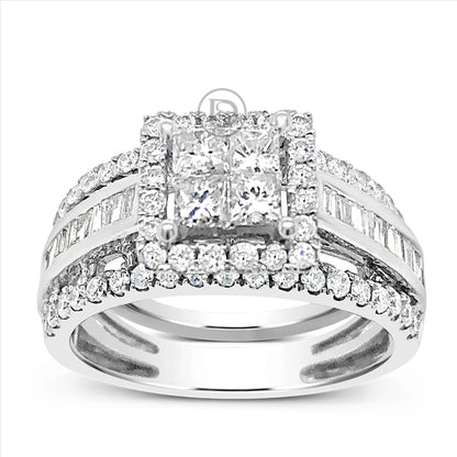 Diamond Halo Engagement Ring 1.59 CTW Princess Cut w/ Round Cut & Baguettes 14K White Gold