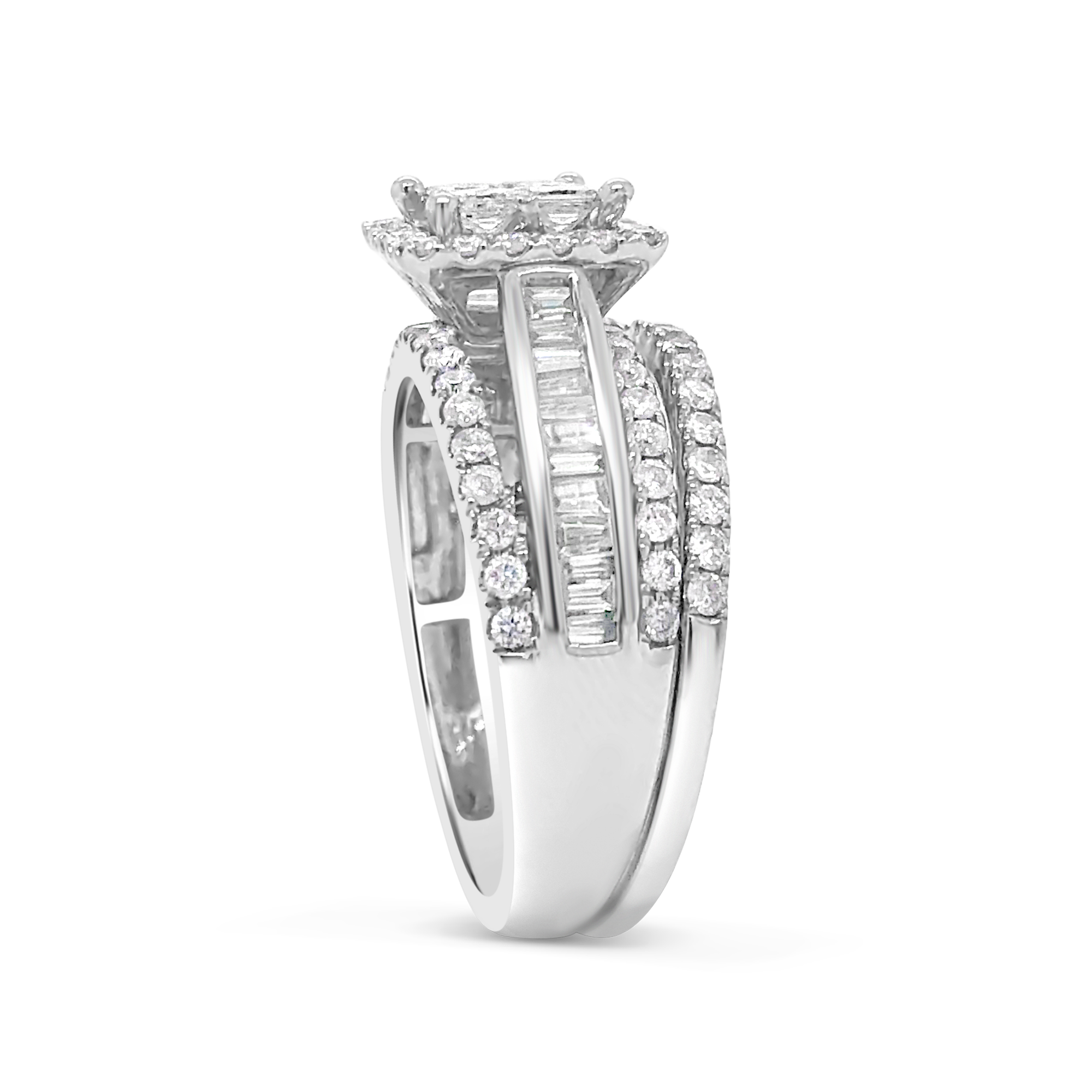 Diamond Halo Engagement Ring 1.59 CTW Princess Cut w/ Round Cut & Baguettes 14K White Gold