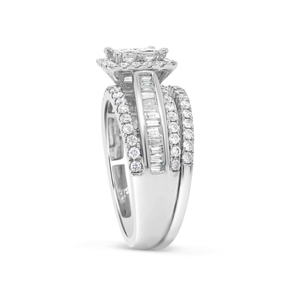 Diamond Halo Engagement Ring 1.59 CTW Princess Cut w/ Round Cut & Baguettes 14K White Gold