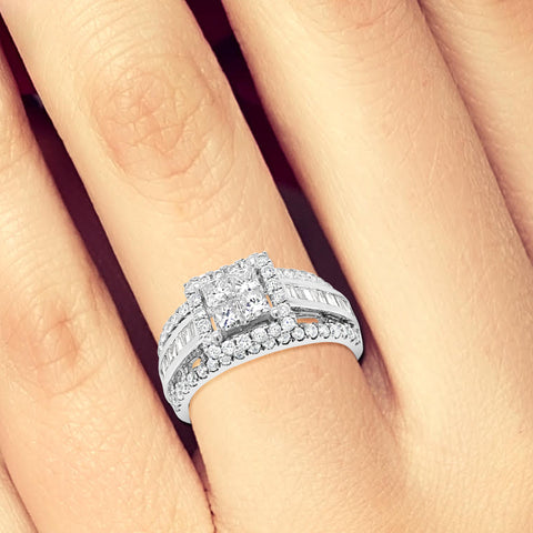 Diamond Halo Engagement Ring 1.59 CTW Princess Cut w/ Round Cut & Baguettes 14K White Gold