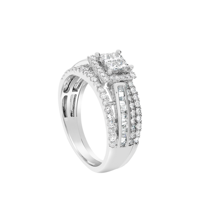 Diamond Halo Engagement Ring .95 CTW Princess w/ Round Cut & Baguettes 14K White Gold