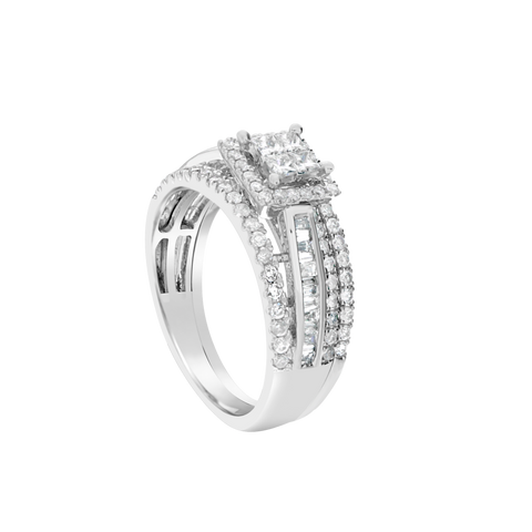 Diamond Halo Engagement Ring .95 CTW Princess w/ Round Cut & Baguettes 14K White Gold