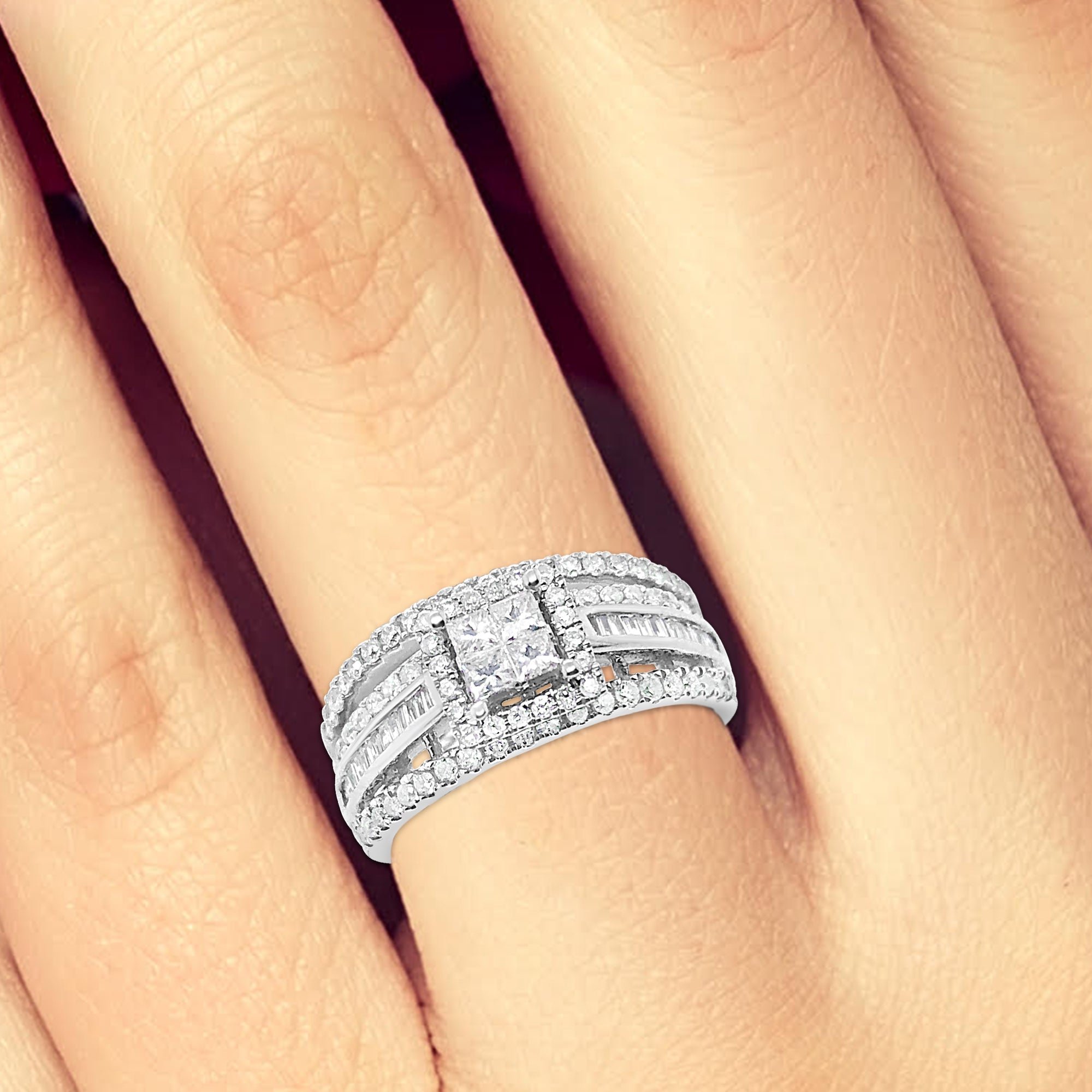 Diamond Halo Engagement Ring .95 CTW Princess w/ Round Cut & Baguettes 14K White Gold