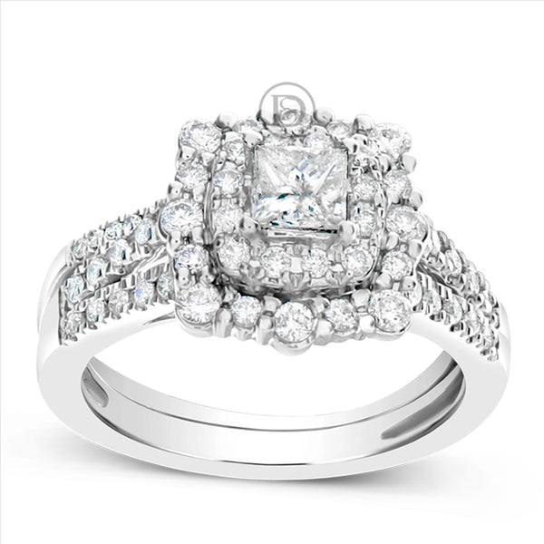 3 RING DIAMOND HALO ENGAGEMENT RING 1.50 CTW BAGUETTES W/ROUND CUT 14K WHITE GOLD