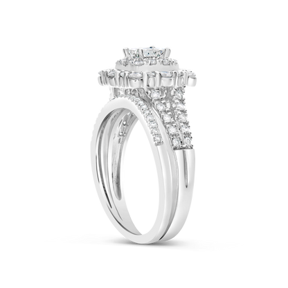 3 RING DIAMOND HALO ENGAGEMENT RING 1.50 CTW BAGUETTES W/ROUND CUT 14K WHITE GOLD