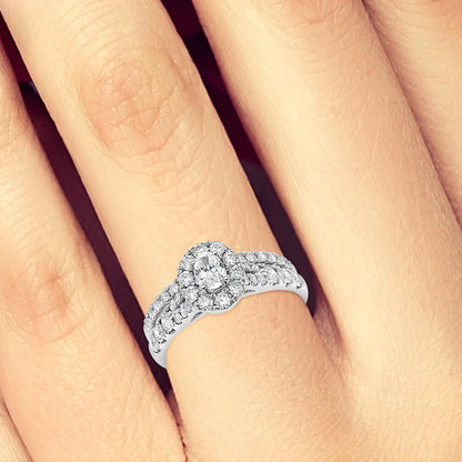 Diamond Oval Halo Engagement Ring 1.19 CTW Round Cut 14K White Gold
