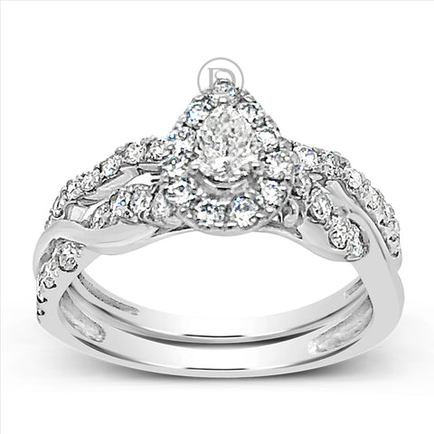 Pear Shaped Diamond Halo Engagement Ring .98 CTW Round Cut 14K White Gold