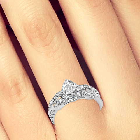 Pear Shaped Diamond Halo Engagement Ring .98 CTW Round Cut 14K White Gold