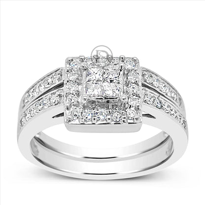 Diamond Halo Engagement Ring .50 CTW Princess Cut w/ Round Cut 14K White Gold