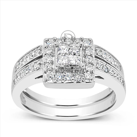 Diamond Halo Engagement Ring .50 CTW Princess Cut w/ Round Cut 14K White Gold