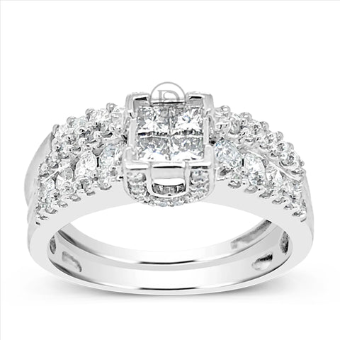 Diamond Halo Engagement Ring 1 CTW Princess w/ Round Cut 14K White Gold