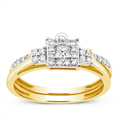 Diamond Halo Engagement Ring .30 CTW Princess Cut 10K Yellow Gold Bridal Set