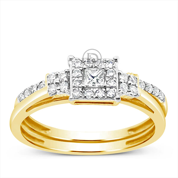 Diamond Halo Engagement Ring .30 CTW Princess Cut 10K Yellow Gold Bridal Set