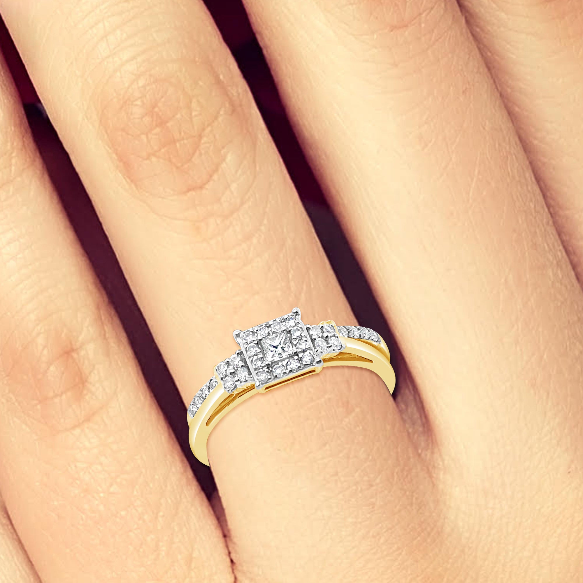 Diamond Halo Engagement Ring .30 CTW Princess Cut 10K Yellow Gold Bridal Set