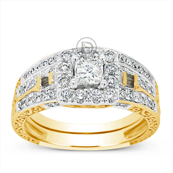 Diamond Halo Engagement Ring .50 CTW Princess Cut Center W/ Round Cut & Bagguette details 14K Yellow Gold