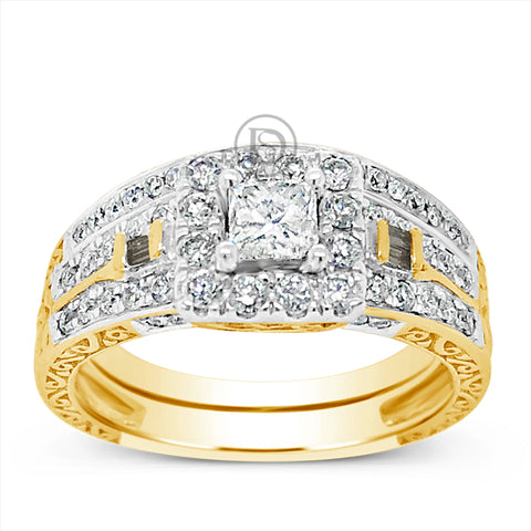 Diamond Halo Engagement Ring .50 CTW Princess Cut Center W/ Round Cut & Bagguette details 14K Yellow Gold