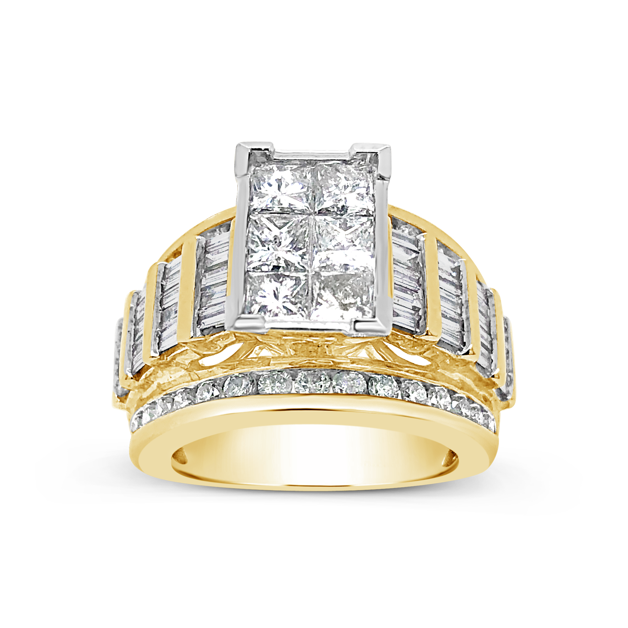 Diamond Ring 3 CTW Princess Cut w Baguettes Round Cut 14K