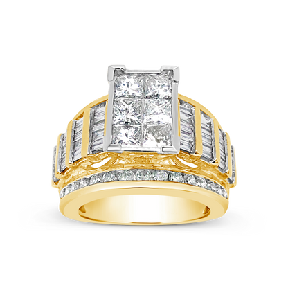Diamond Ring 3 CTW Princess Cut w/ Baguettes & Round Cut 14K Yellow Gold