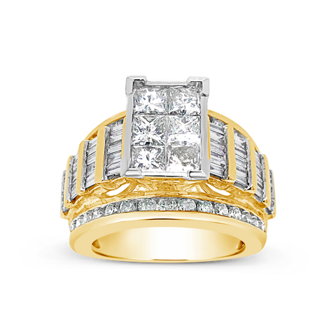Diamond Ring 3 CTW Princess Cut w/ Baguettes & Round Cut 14K Yellow Gold
