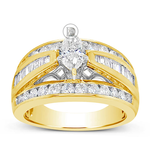 Marquis Diamond Engagement Ring 1.50 CTW Baguettes & Round Cut 14K White Gold