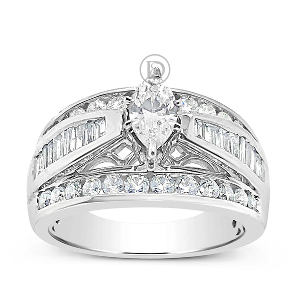 Diamond Engagement Ring 1.50 CTW Marquise Cut w/ Baguettes Diamonds 14K White Gold