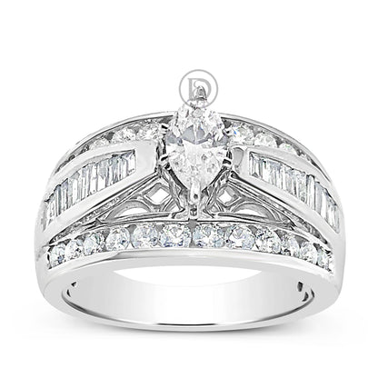 Diamond Engagement Ring 1.50 CTW Marquise Cut w/ Baguettes Diamonds 14K White Gold