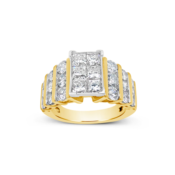 Diamond Halo Ring 3 CTW Princess Cut w/ Round Cut 14K Yellow Gold