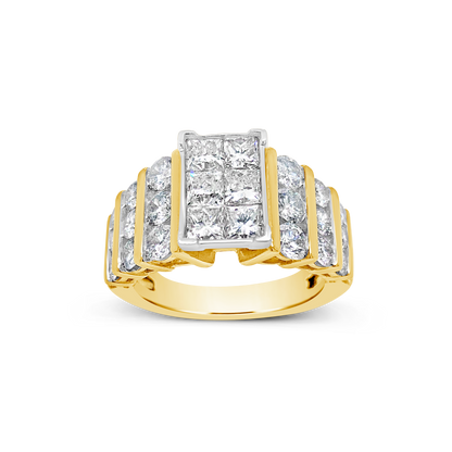 Diamond Halo Ring 3 CTW Princess Cut w/ Round Cut 14K Yellow Gold