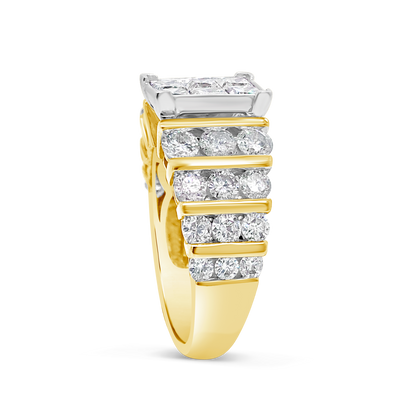 Diamond Halo Ring 3 CTW Princess Cut w/ Round Cut 14K Yellow Gold