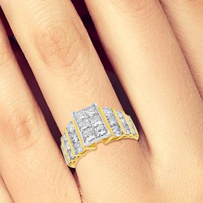 Diamond Halo Ring 3 CTW Princess Cut w/ Round Cut 14K Yellow Gold