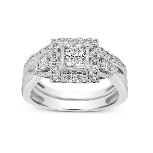 Diamond Halo Engagement Ring .75 CTW Princess Cut w/ Round Cut 14K White Gold