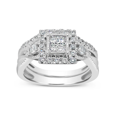 Diamond Halo Engagement Ring .75 CTW Princess Cut w/ Round Cut 14K White Gold