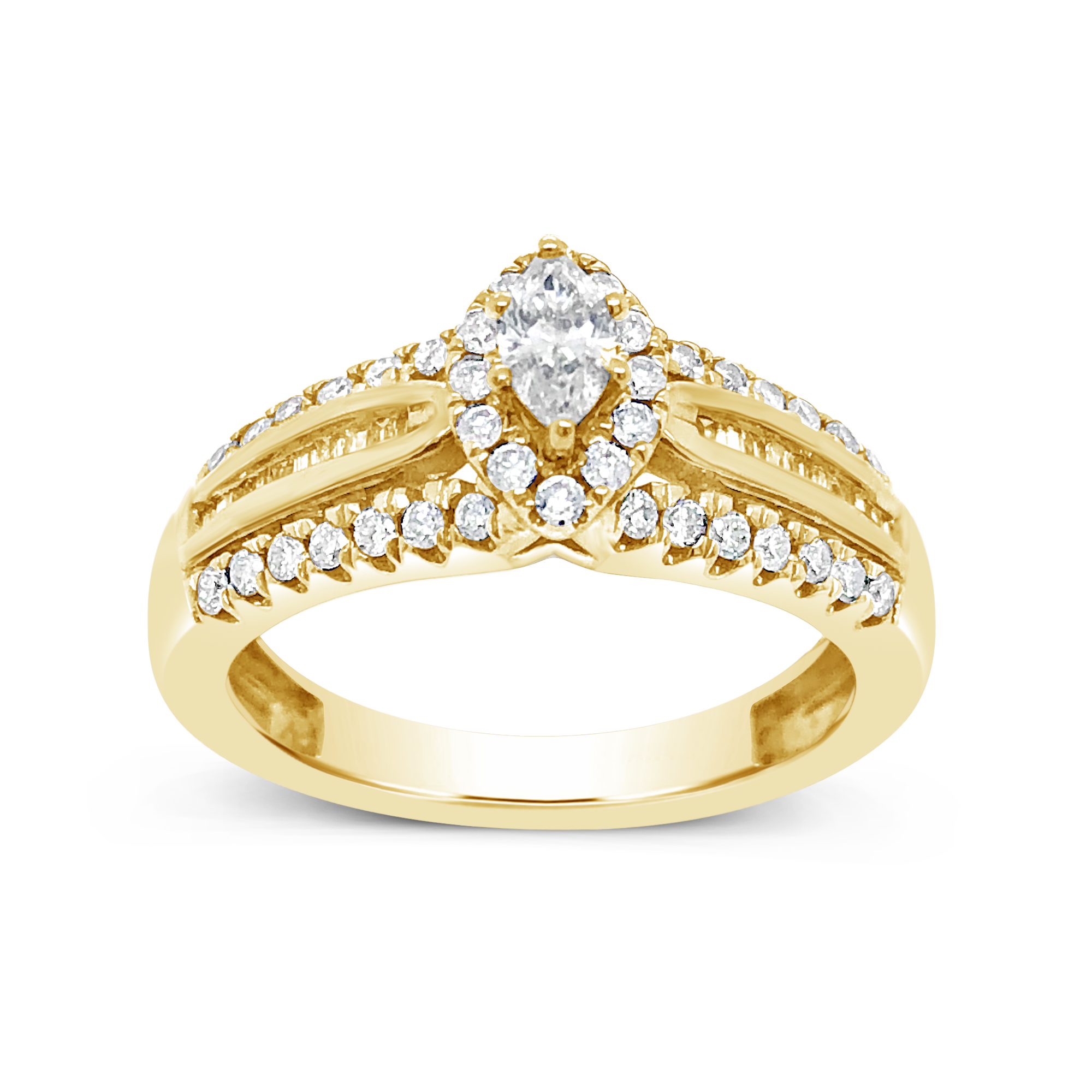 Diamond Halo Engagement Ring .75 CTW Marquise w/ Round and Baguette Cut 14K Yellow Gold