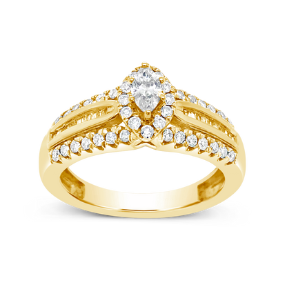 Diamond Halo Engagement Ring .75 CTW Marquise w/ Round and Baguette Cut 14K Yellow Gold