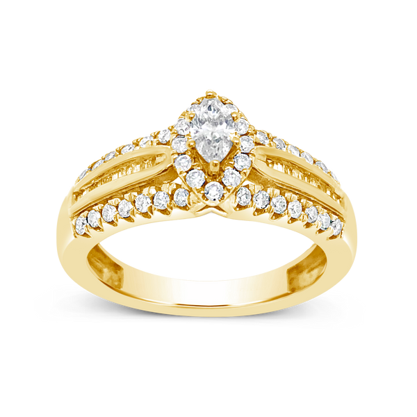 Diamond Halo Engagement Ring .75 CTW Marquise w/ Round and Baguette Cut 14K Yellow Gold