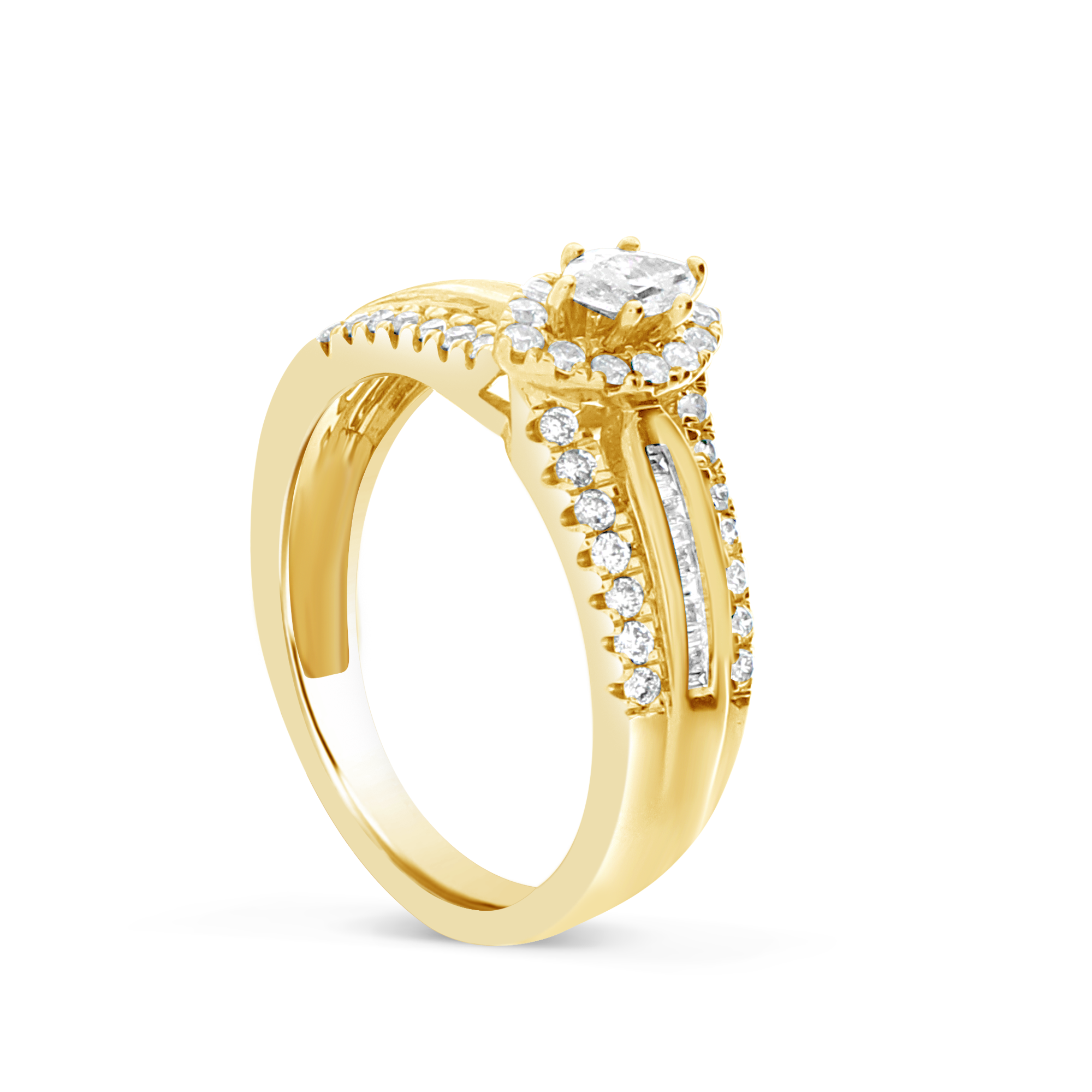 Diamond Halo Engagement Ring .75 CTW Marquise w/ Round and Baguette Cut 14K Yellow Gold