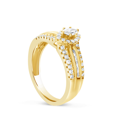 Diamond Halo Engagement Ring .75 CTW Marquise w/ Round and Baguette Cut 14K Yellow Gold