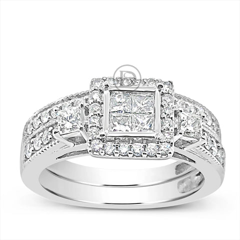 Diamond Engagement Ring 1 CTW Princess Cut w/ Round Cut 14K White Gold Bridal Set