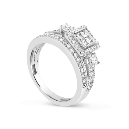 Diamond Engagement Ring 1 CTW Princess Cut w/ Round Cut 14K White Gold Bridal Set