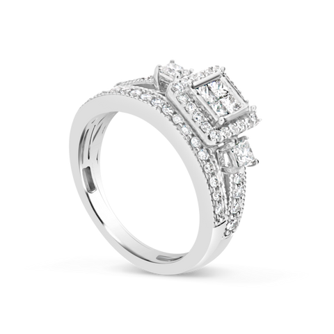 Diamond Engagement Ring 1 CTW Princess Cut w/ Round Cut 14K White Gold Bridal Set