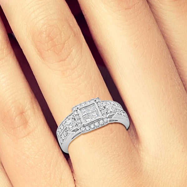 Diamond Engagement Ring 1 CTW Princess Cut w/ Round Cut 14K White Gold Bridal Set