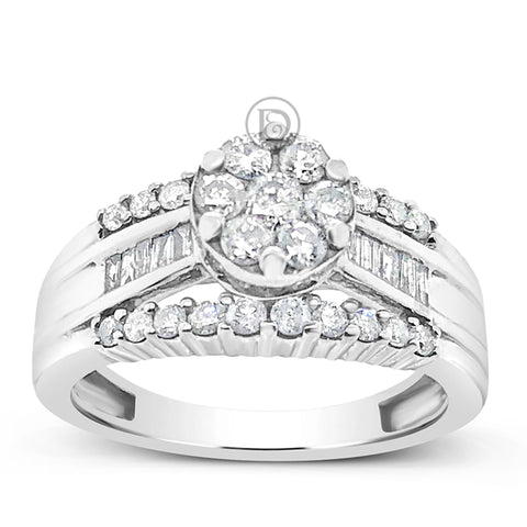 Diamond Engagement Ring 1 CTW Round Cut w/ Baguettes 10K White Gold Bridal Set